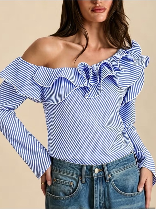 Casting La Tops - Striped Blue Off-the-Shoulder Ruffle Blouse